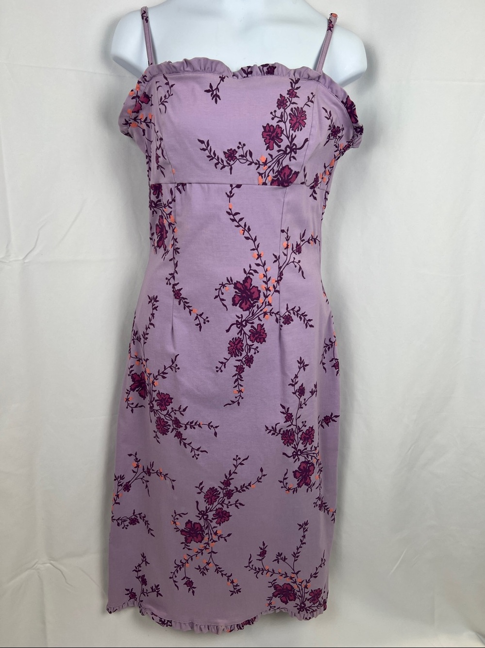 Rare VTG Betsey Johnson Y2K purple floral spaghetti-strap dress ruffled neck EUC
